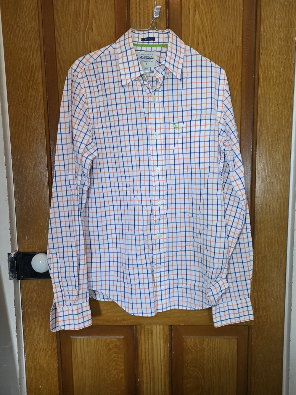 Abercrombie & Fitch White Button-Up Shirt with Blue & Orange Windowpane